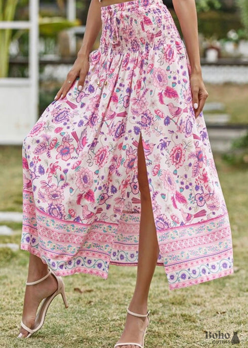 Boho Skirts in Smocked Waist, Bird Garden in Pink Purple For Women